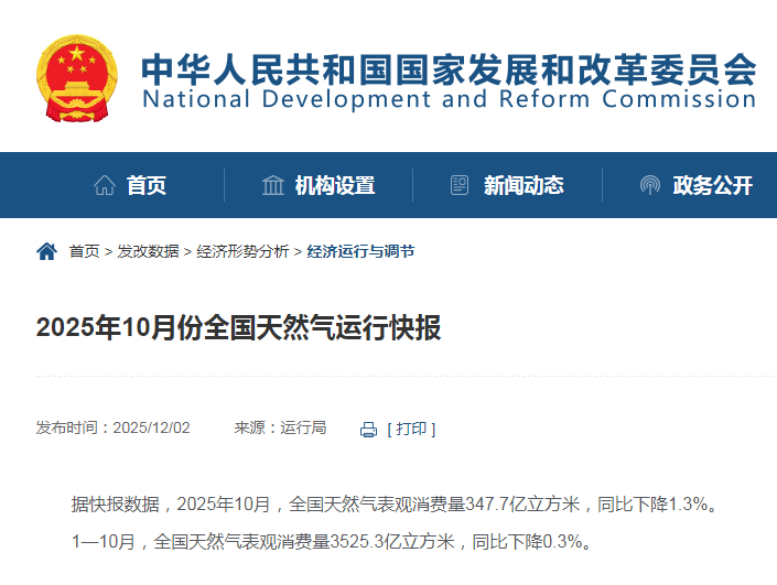 2025年10月份全国天然气运行快报